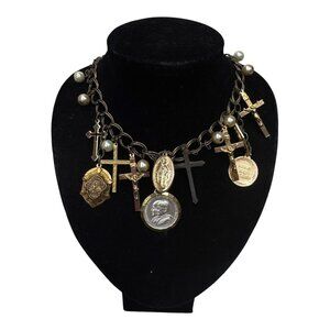Vintage Religious Charm Necklace Cross & Coin Crucifix Pendants Antique Gold 20"